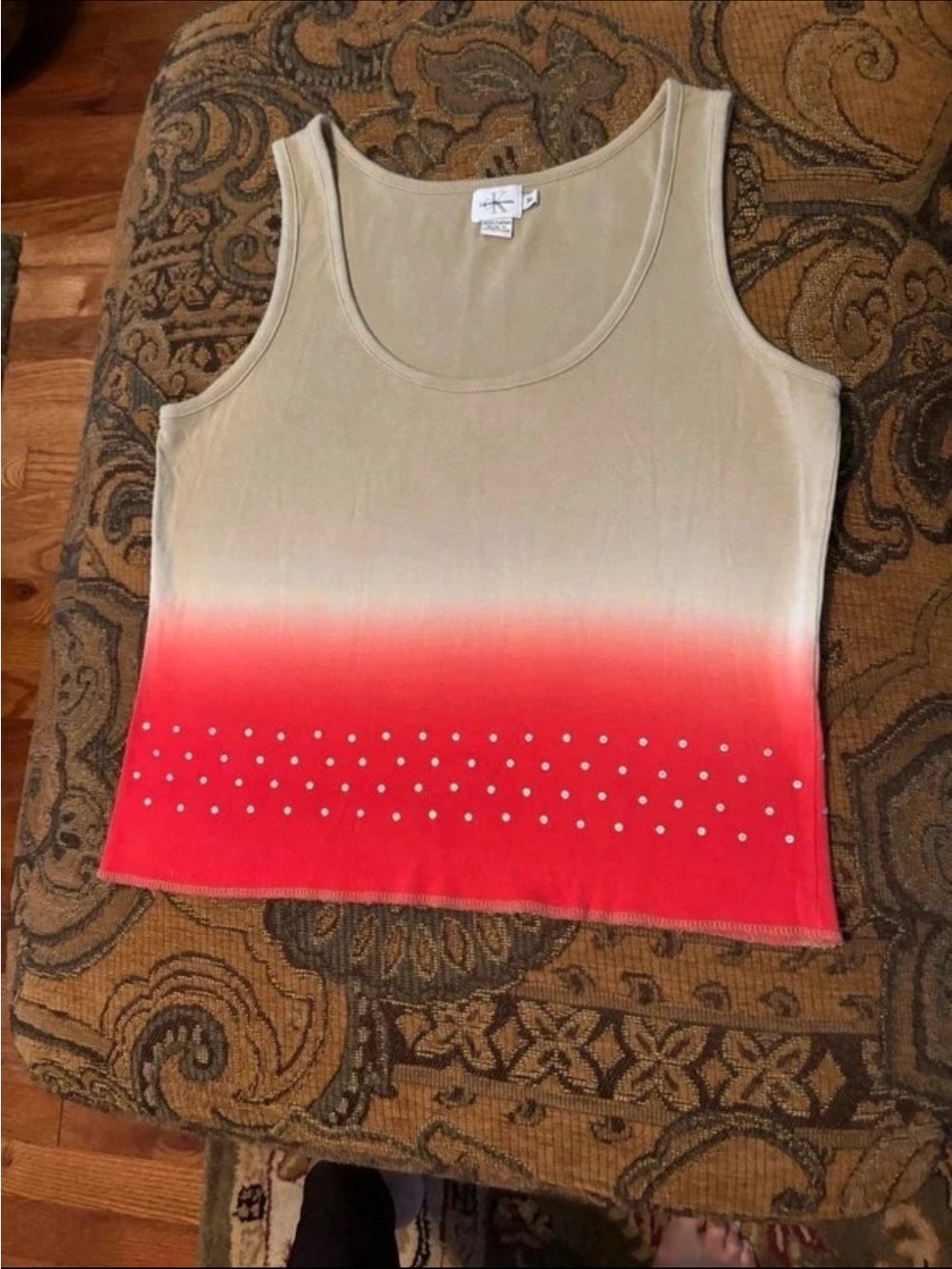 Calvin Klein Jeans Beige to Coral Ombre Tank with Crystal Studs